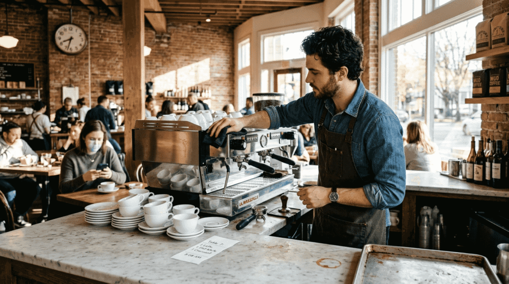 Barista preparing restaurant coffee station in morning