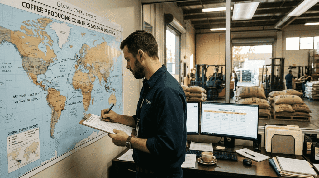 Coordinator tracking coffee supply chain in office