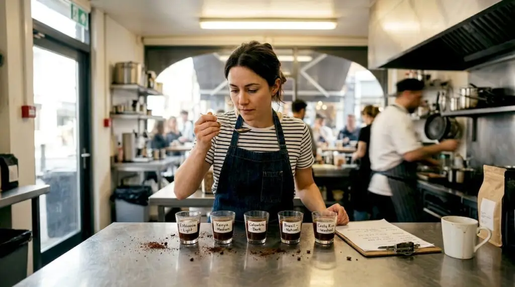 Barista evaluating coffee samples with cupping