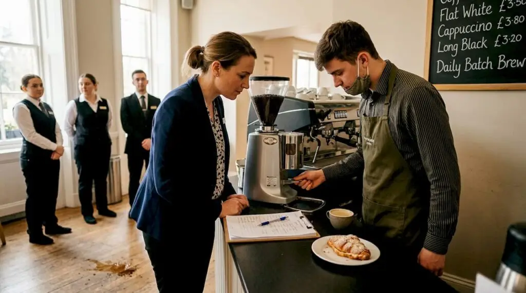 Manager and barista adjust coffee machine in hotel