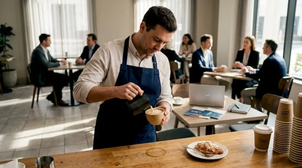 Barista pouring premium coffee in busy hotel lobby