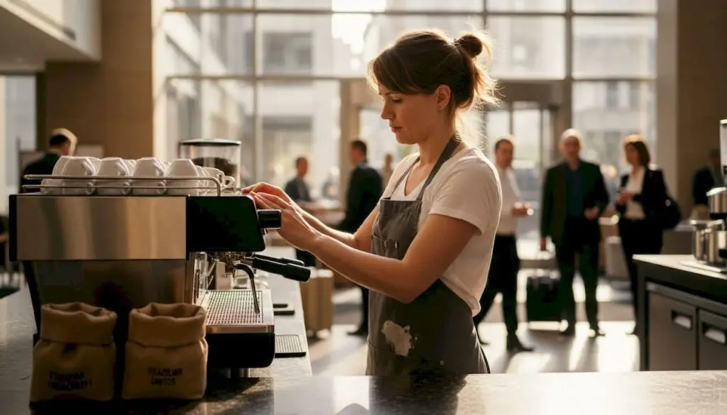 Barista with coffee machines in hotel lobby
