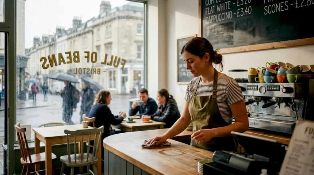 Bustling Bristol café barista making coffee