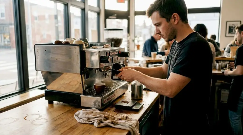 Barista pulling espresso shot in busy café