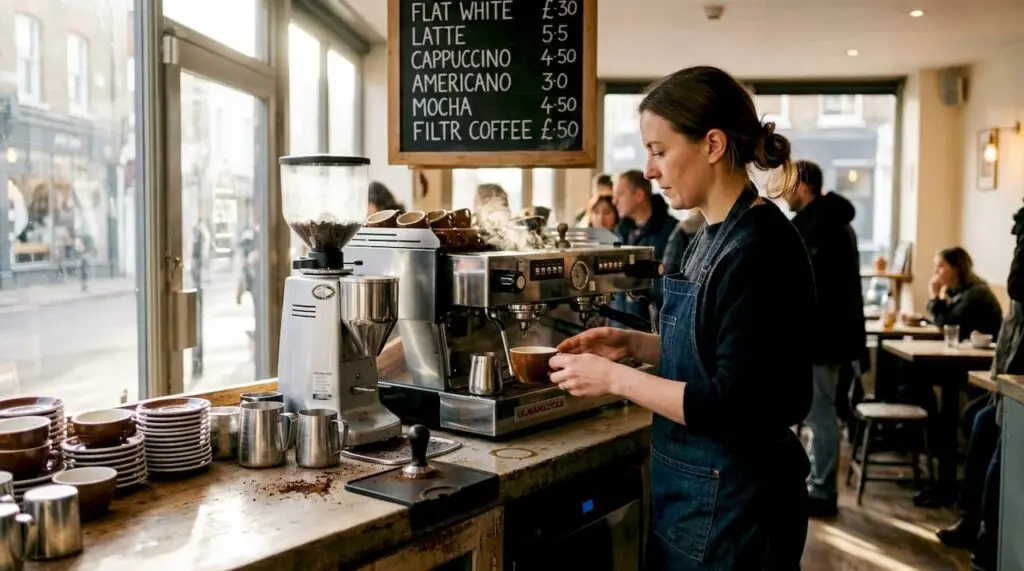 Barista using espresso machine in café