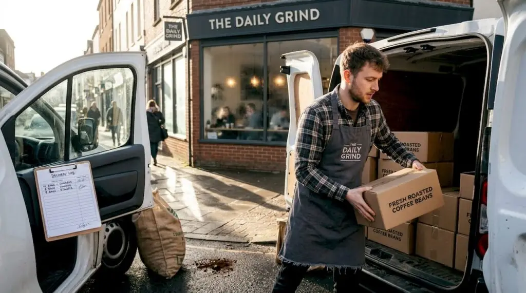 Barista unloading coffee delivery outside café