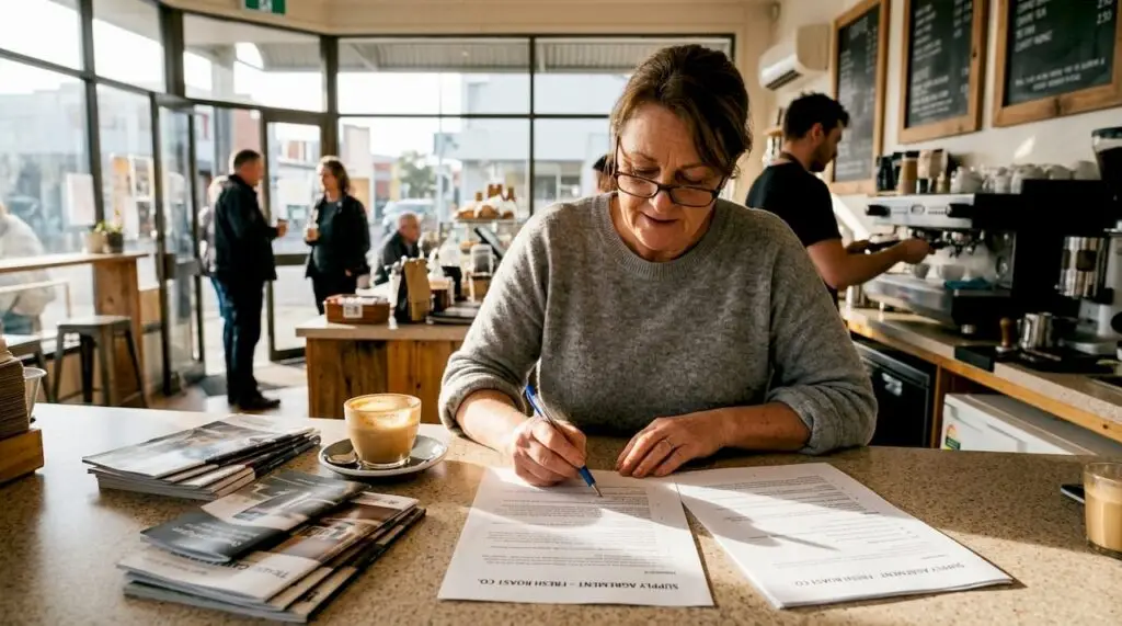 Café owner reading coffee supplier contract
