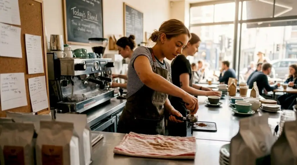 Barista preparing coffee in busy Bristol café