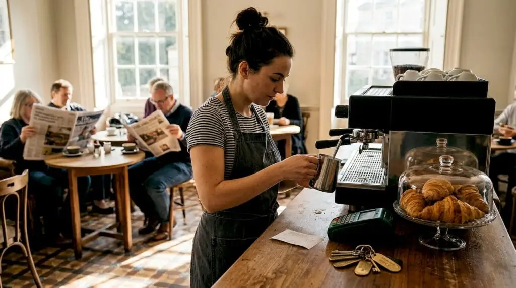 Barista making coffee in busy hotel lounge