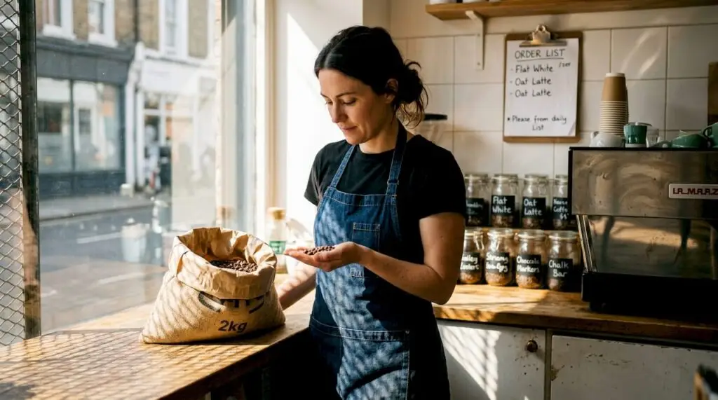 Cafe owner inspecting roasted coffee beans