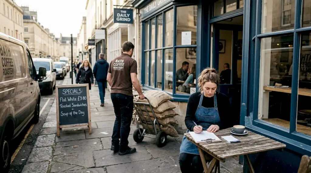 Cafe manager receiving coffee delivery outside shop