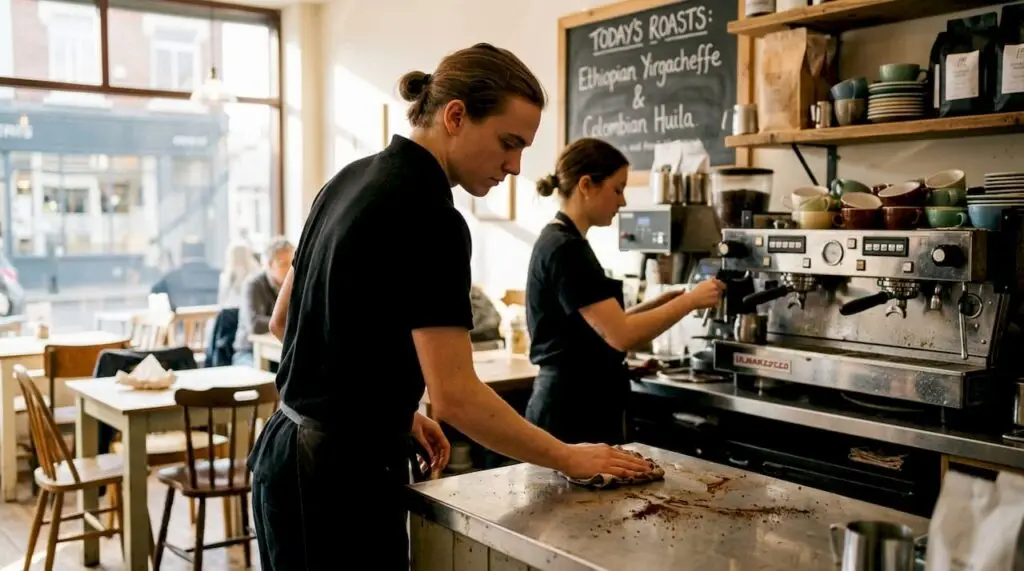 Baristas preparing coffee in busy café