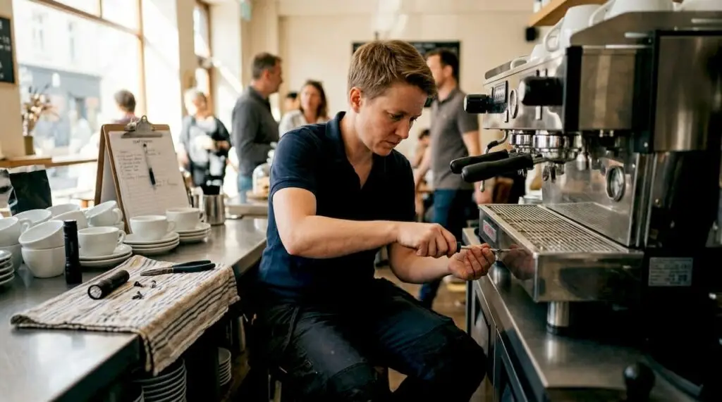 Technician repairing espresso machine in busy café
