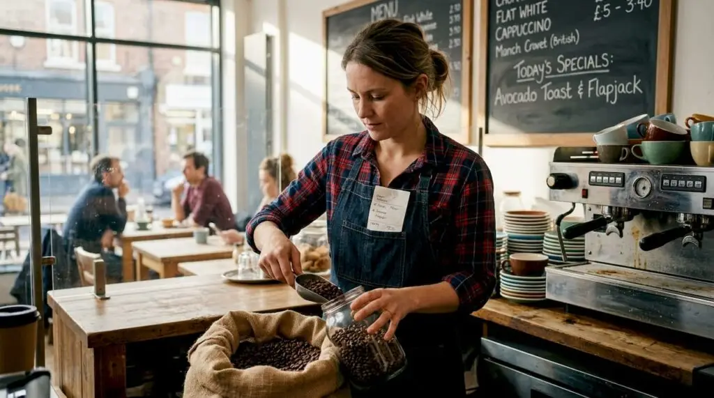 Café owner checks beans at busy counter