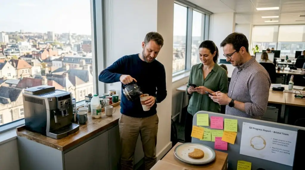 Coworkers sharing coffee break in office