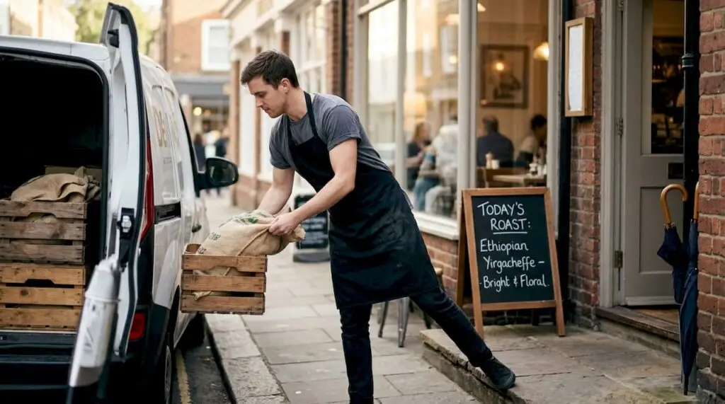 Barista unloading coffee beans at hotel café