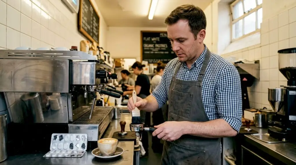 Barista cleans commercial coffee machine in café kitchen