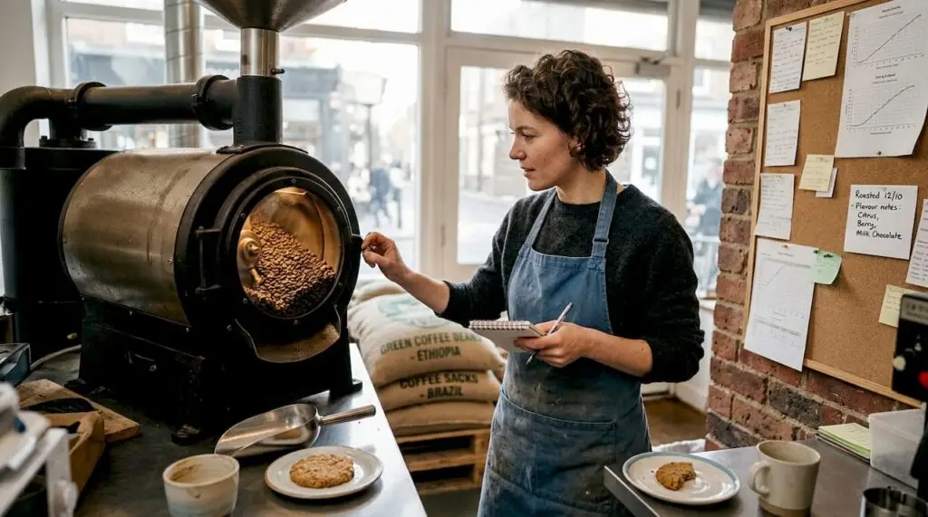 Barista checking coffee roasting process in café
