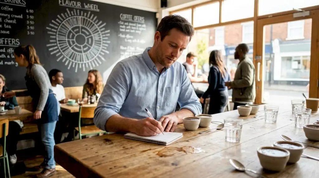 Venue manager tasting coffee in café