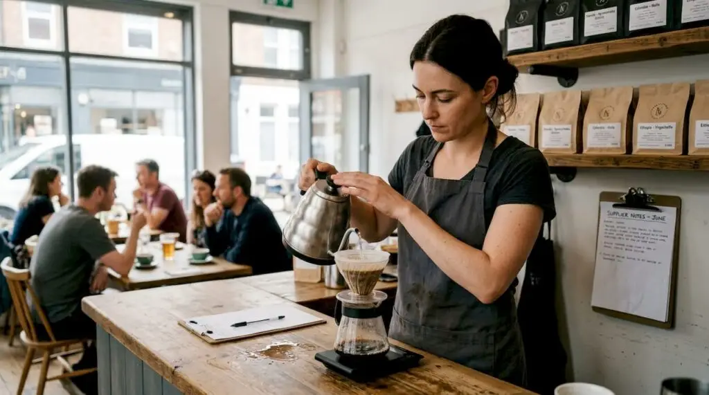 Barista making single origin coffee in busy café