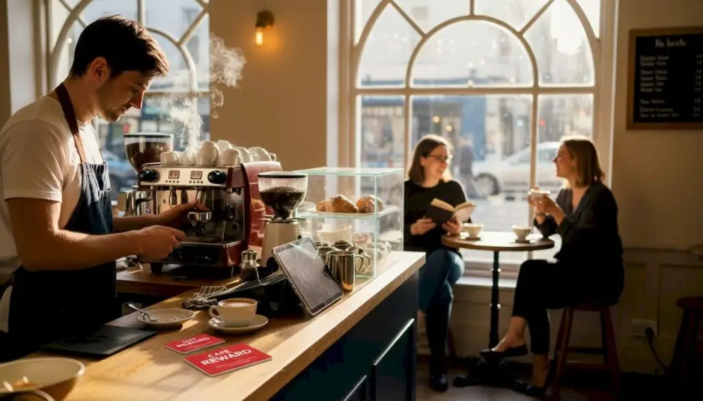 Barista serving fresh coffee in busy café