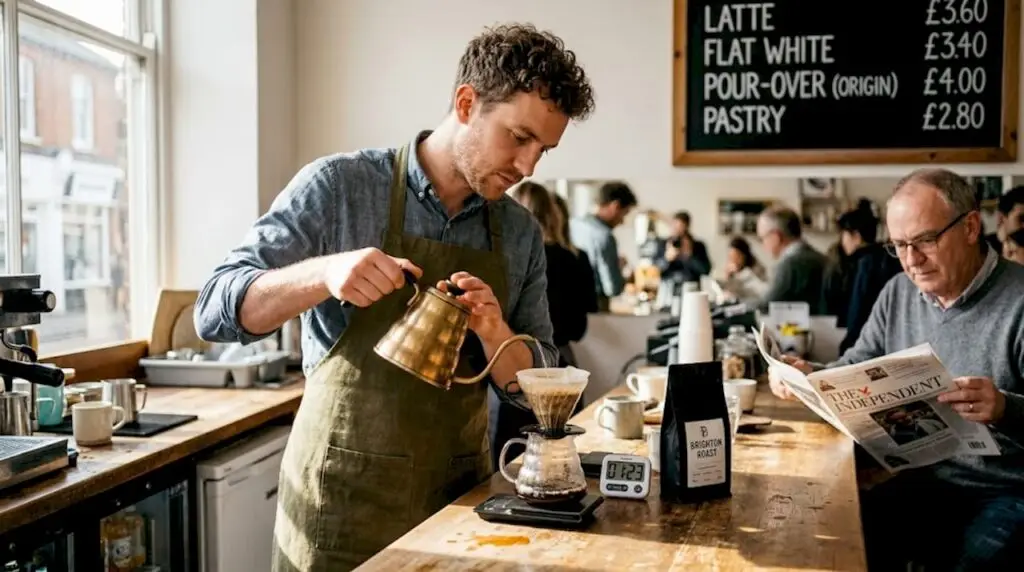 Barista brewing fresh coffee at café counter