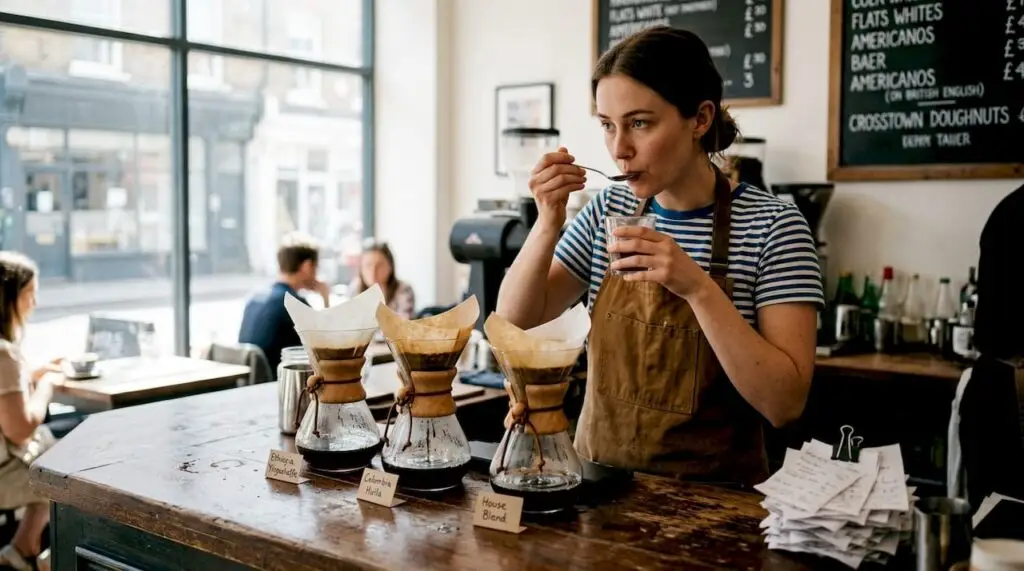 Barista tasting coffee blends in café