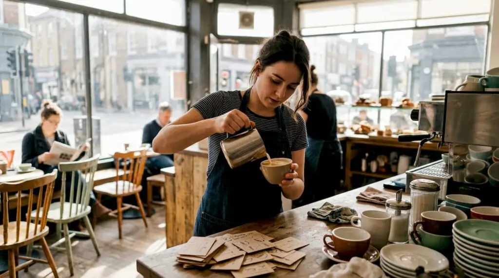 Barista pours milk and interacts with café guests