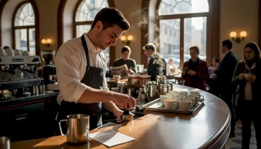 Barista preparing espresso in hotel café