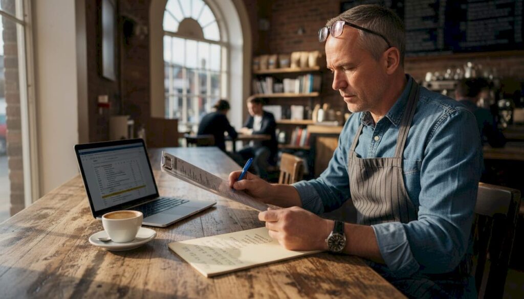 Cafe owner revising handwritten menu notes