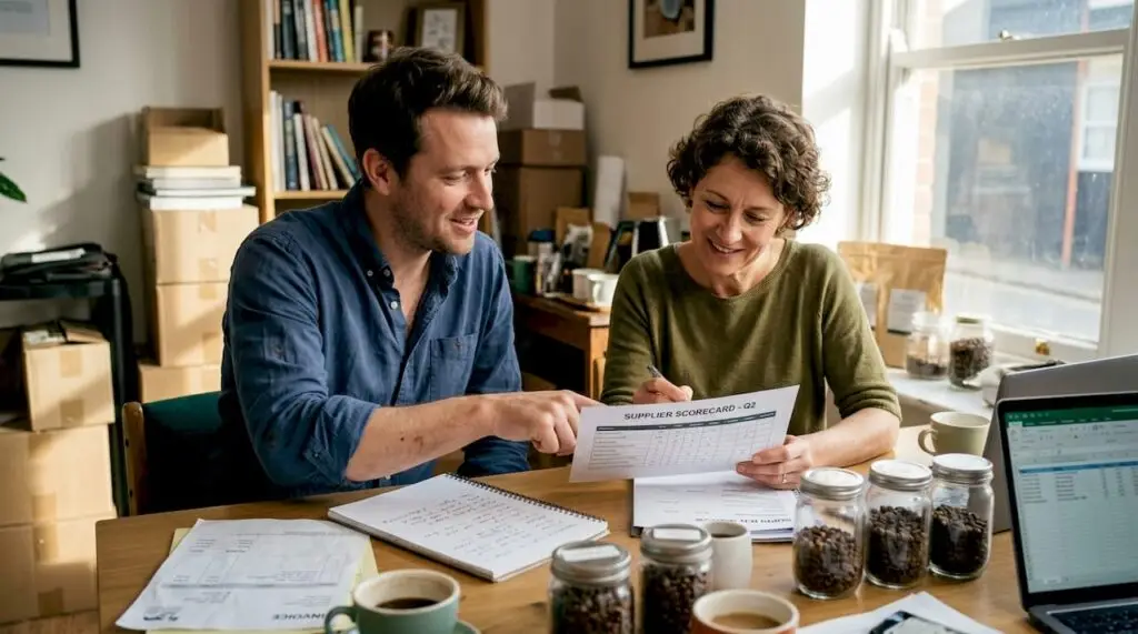 Café manager and supplier discussing coffee order