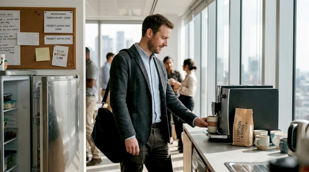 Man uses bean-to-cup coffee machine in office