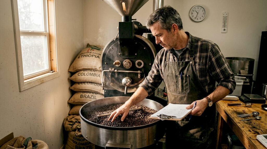 Coffee roaster checks beans in micro-roastery workspace