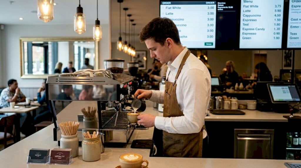 Hotel café barista preparing coffee behind counter