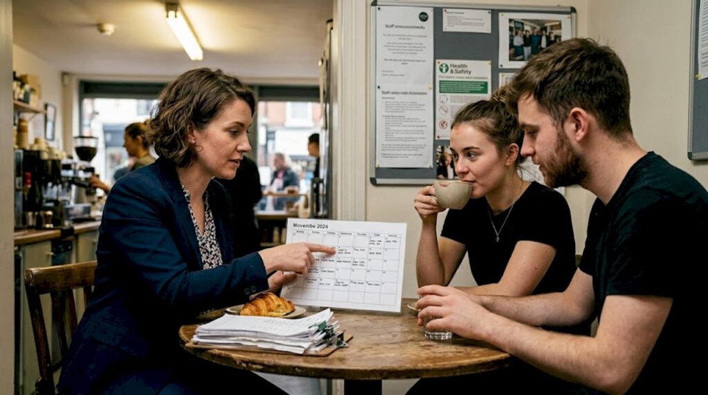 Café team reviewing coffee training schedule